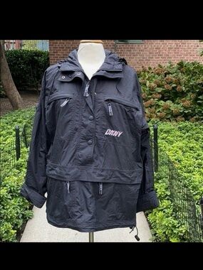 Vintage DKNY Black Windbreaker / Raincoat Utility Jacket